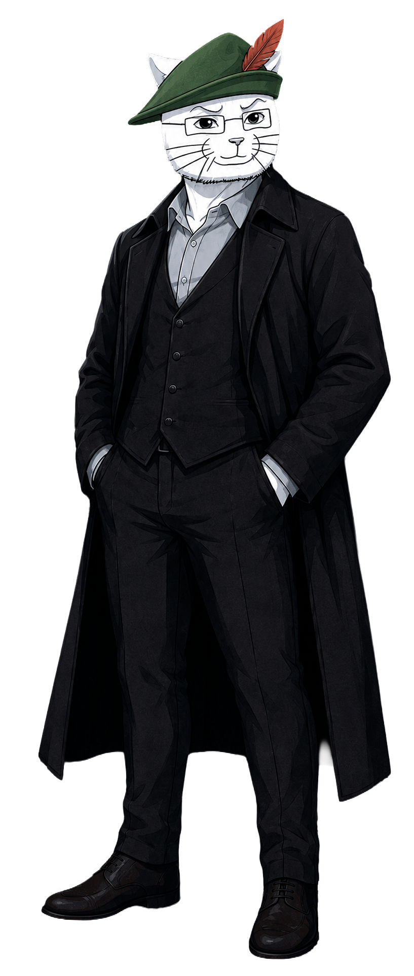 Catjak in a black suit and green feathered hat